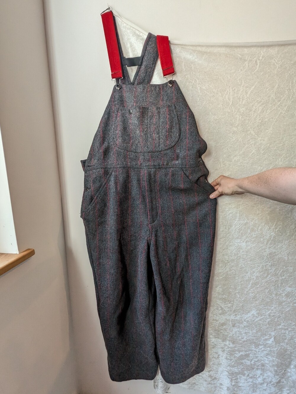 VTG Woolrich Wool Nylon Striped Hunting Outdoor Winter Bibs Men's Carpenter